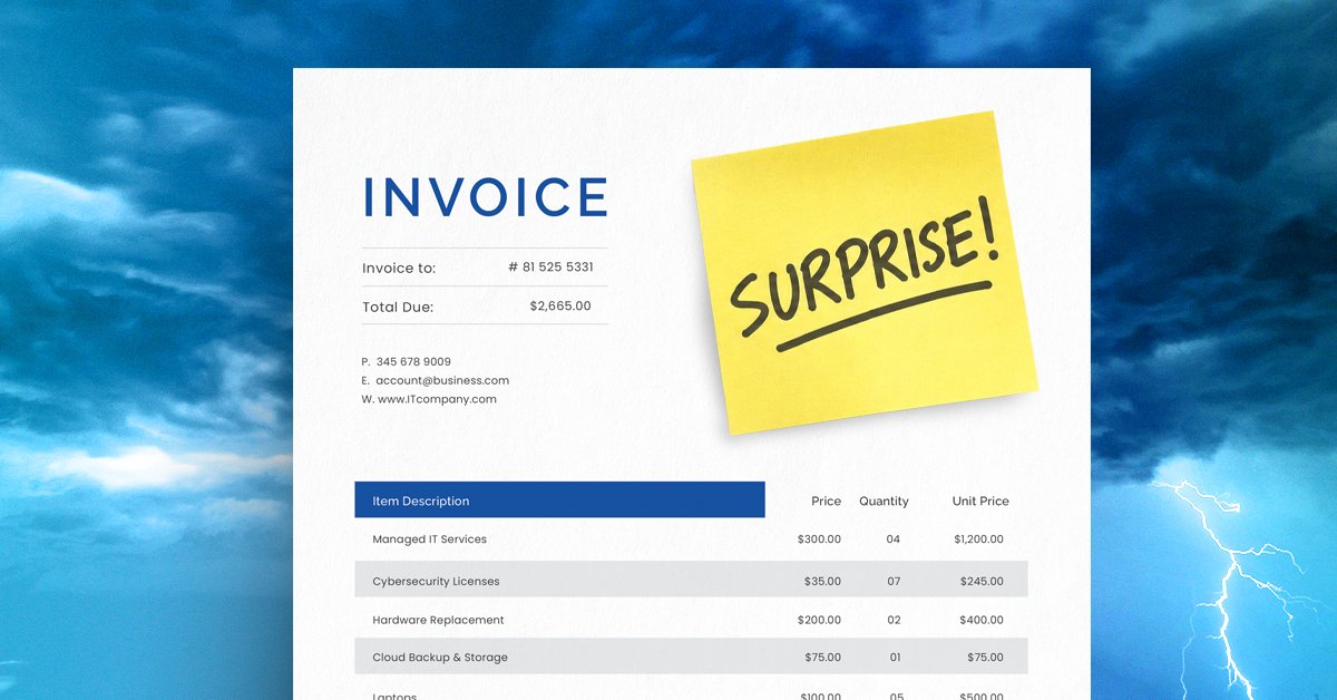 Invoice line items with a yellow SURPRISE! sticky note